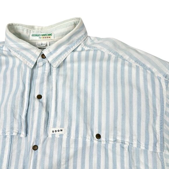 Georges Marciano for SOON Denim Striped Shirt Size 1 Made In USA Vintage 80s 90s - Picture 2 of 7